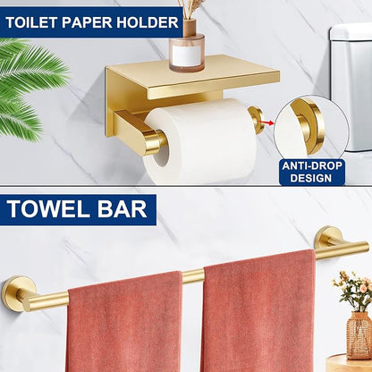 5 Pieces Bathroom Hardware Accessories Set Brushed Gold, 24Inch Bathroom Towel Rack Set SUS304 Stainless Steel, Round Toilet Paper Holder with Shelf Heavy Duty, Wall Mounted