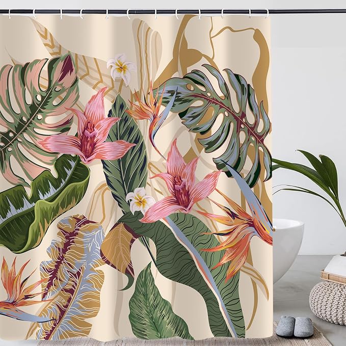 Tropical Shower Curtain Waterproof Fabric Bathroom Curtain with Hooks 72x72 inch, Colorful Floral Jungle Plant Leaf Bathroom Decor
