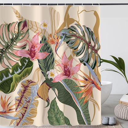 Tropical Shower Curtain Waterproof Fabric Bathroom Curtain with Hooks 72x72 inch, Colorful Floral Jungle Plant Leaf Bathroom Decor