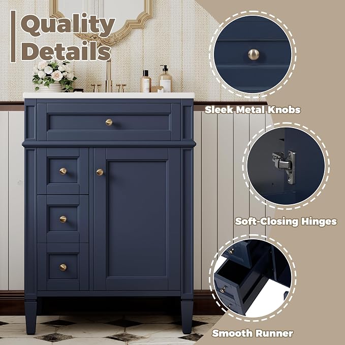 Merax 24 Inch Bathroom Vanity with Ceramic Sink, Solid Wood Frame Modern Bathroom Sink Storage Cabinet with 2 Drawers and a Tip-Out Drawer, Single Sink Bathroom Vanities, Navy Blue