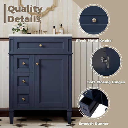 Merax 24 Inch Bathroom Vanity with Ceramic Sink, Solid Wood Frame Modern Bathroom Sink Storage Cabinet with 2 Drawers and a Tip-Out Drawer, Single Sink Bathroom Vanities, Navy Blue