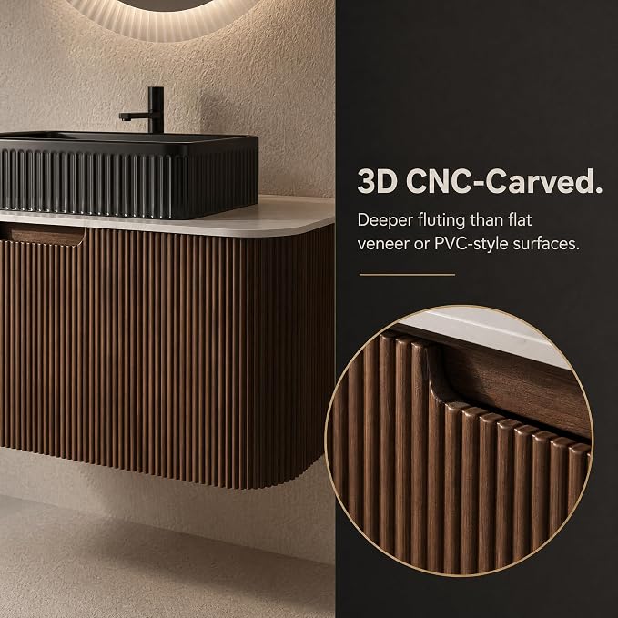 36 Inch Bathroom Vanity with Sink, Floating Wall Mounted Single Sink Vanity, Dark Walnut Curved Fluted Front, Stone Top, Black Textured Rectangular Vessel Basin, Pre-Assembled