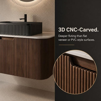 36 Inch Bathroom Vanity with Sink, Floating Wall Mounted Single Sink Vanity, Dark Walnut Curved Fluted Front, Stone Top, Black Textured Rectangular Vessel Basin, Pre-Assembled