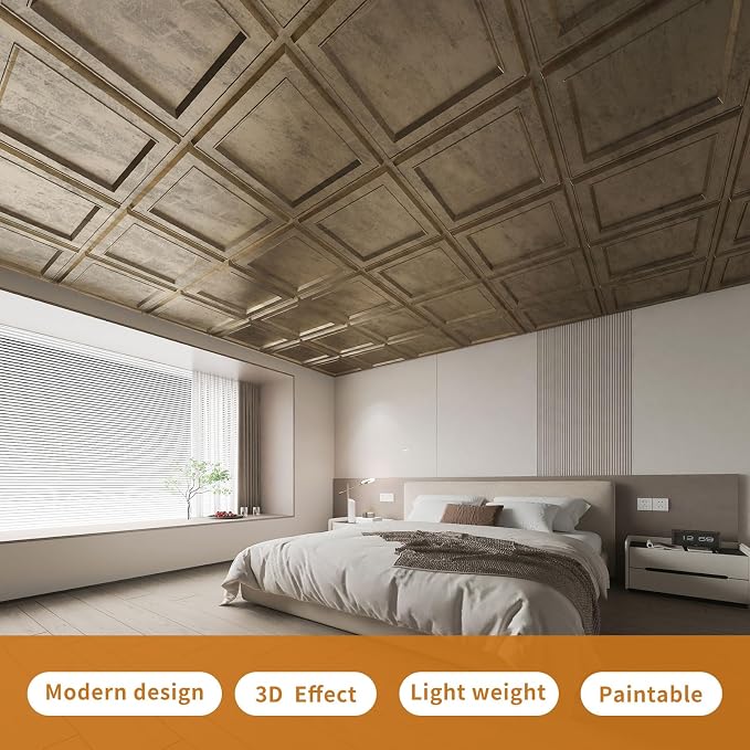 WOWSTAR 12-Pack 24"x24" Drop Ceiling Tiles, Waterproof Glue up Ceiling Panels, Modern Style 3D Wall Panels, Antique Gold | PVC ceiling panels, 24"x24", waterproof, glue-up install, basement kitchen bathroom, 12-pack, set C