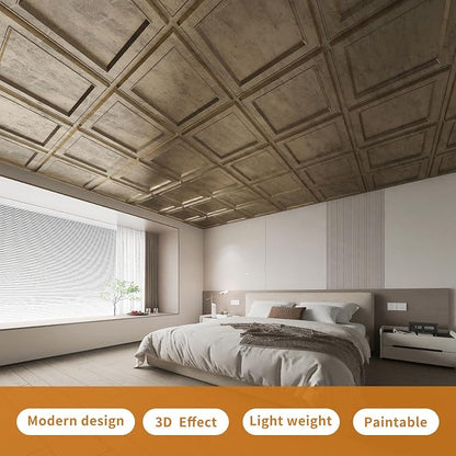 WOWSTAR 12-Pack 24"x24" Drop Ceiling Tiles, Waterproof Glue up Ceiling Panels, Modern Style 3D Wall Panels, Antique Gold | PVC ceiling panels, 24"x24", waterproof, glue-up install, basement kitchen bathroom, 12-pack, set C