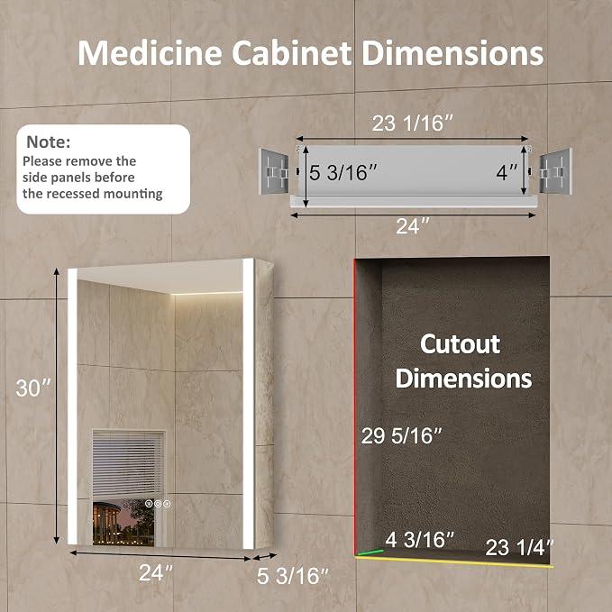 24 x 30 Inch Medicine Cabinet with Mirror and LED Light for Bathroom | Recessed, Wall-Mounted, Dimmable, Anti-Fog, Memory Function, 3 Color Mode, Outlet&USB, Adjustable Shelf, ETL Listed, Aluminum