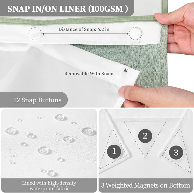 72x81 Ringless Linen Look Shower Curtain with Snap in Liner Sage Green | Tall Size, 3 in 1 Shower Curtain Set, Removable Liner, Waterproof & Washable, Mesh Top Window, Durable Fabric, Easy Setup