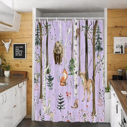 JAWO Rustic Forest Shower Curtain - Lodge Cabin Woodsy RV Wildlife Animals Woodland Campers Camping Bathroom Set with Hooks, 36X72 Inch, Purple