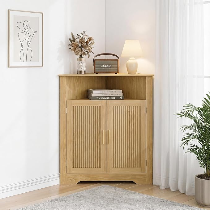 Smuxee Bathroom Corner Cabinet, Floor Corner Storage Cabinet with Fluted Door and Adjustable Shelf, Wooden Narrow Cabinet Organizer for Bathroom, Kitchen, Living Room