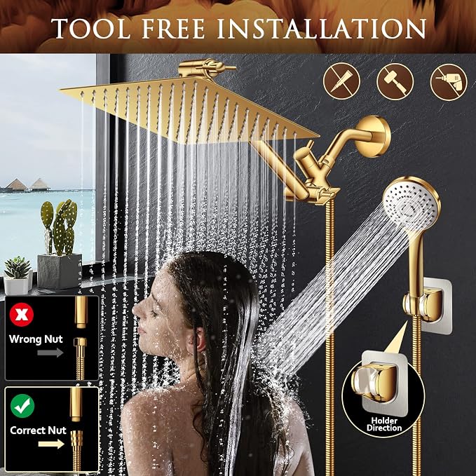 12'' Gold Shower Head with 11'' Extension Arm and 5 Setting Handheld shower | High Pressure Rainfall Shower Head Combo with Handheld, High Pressure Rain Showerhead with 60 Inch Shower Hose. Anti-Leak