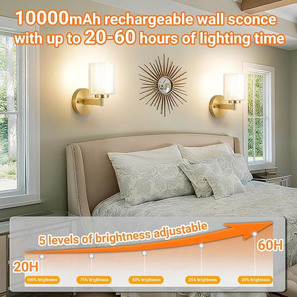 Battery Operated Wall Sconce Set of 2, Wireless Wall Sconce with Remote,10000mAh Rechargeable RGB Dimmable Bathroom Light Fixtures with Double Clear Glass Shade NOT Hardwired
