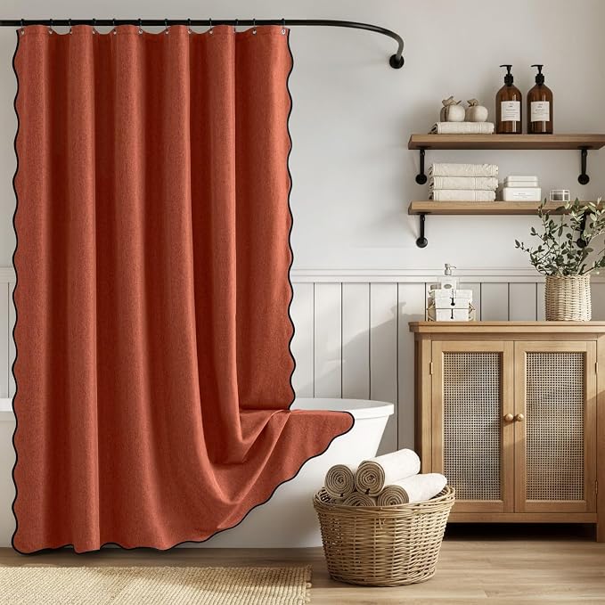 ANRODUO Burnt Orange Scalloped Linen Textured Shower Curtain, W72 x L72 | Boho Farmhouse Shower Curtain with 12 Metal Hooks, Machine Washable Waterproof Heavy Duty Fabric for Bathroom Bathtub