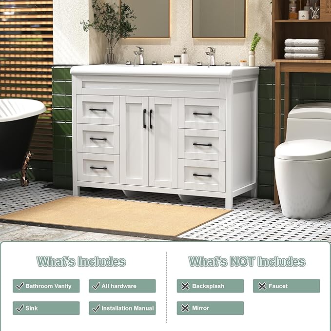 48 Inch Bathroom Vanity with Sink, Bathroom Vanity Cabinet with Doulble Sink, Bath Vanities with 2 Doors and 4 Drawers, White (20" D x 48" W x 36" H)