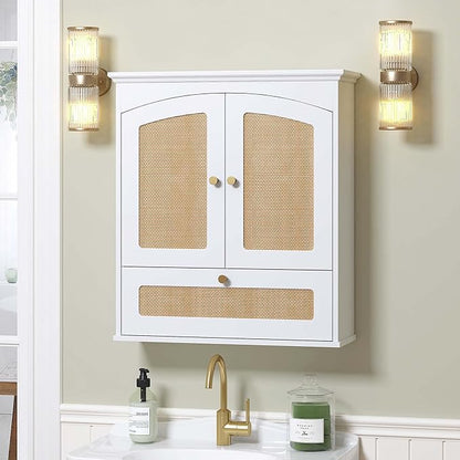 Spirich Bathroom Cabinet Wall Mount, Boho Medicine Cabinet for Bathroom, Over The Toilet Storage Cabinet with Rattan Doors and Tilt-Out Cube