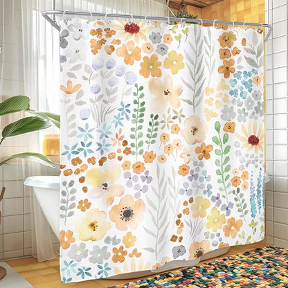 Yellow Cute Floral Flowers Colorful Plants Art Bathroom Shower Curtain Set | 72"W x 72"H Leaves Spring; waterproof HD print, quick-dry fabric with 12 hooks for easy hanging.