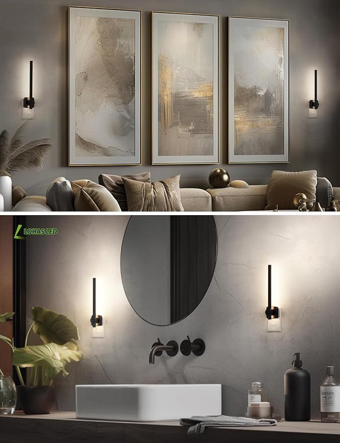 L LOHAS LED Night Light, Dimmable Night Lights Plug into Wall 0-200LM | Dusk to Dawn Sensor, 2W Bathroom Night Lights, Daylight 5000K, Modern Black Plug in Nightlight for Mirror Restroom, 1Pack