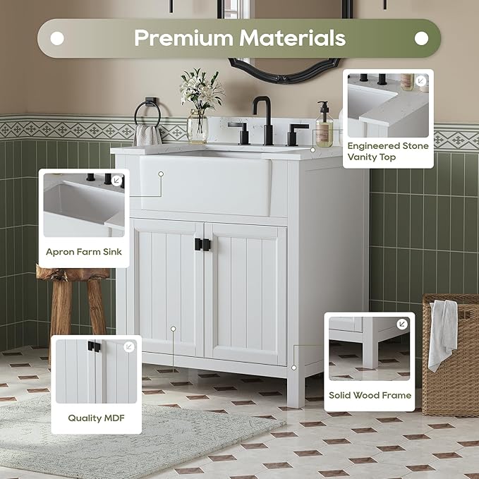 30 Inch Bathroom Vanity with Sink, Farmhouse Single Sink Bathroom Vanity with Adjustable Feet, Bathroom Storage Cabinet with Soft Closing Doors, Apron Farm Sink, White