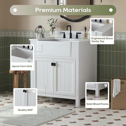 30 Inch Bathroom Vanity with Sink, Farmhouse Single Sink Bathroom Vanity with Adjustable Feet, Bathroom Storage Cabinet with Soft Closing Doors, Apron Farm Sink, White