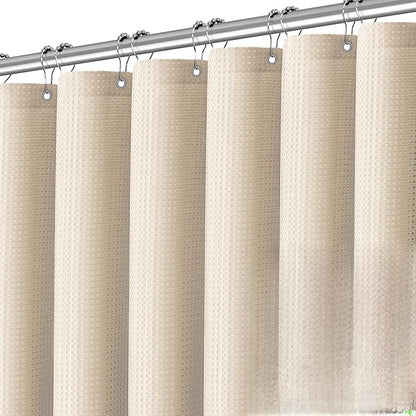 Beige Fabric Shower Curtain - Waffle Textured Heavy Duty Shower Curtains for Bathroom, 256GSM Hotel Spa Luxury Weighted Bath Curtain with 12 Hooks, 72x80, Beige