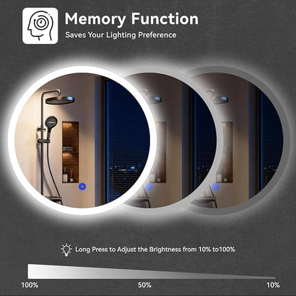 24“ x 24” LED Bathroom Smart Mirror, Round Mirror with Three Color Light Temperature Brightness Settings,Backlit + Front Lit,Wall-Mounted Vanity Mirror with Memory Function