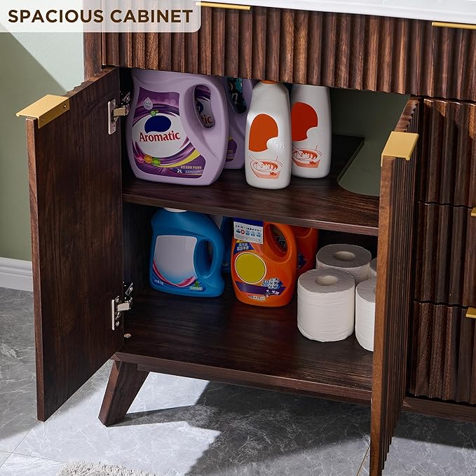 T4TREAM 60" Fluted Bathroom Vanity with Resin Sink Combo，Freestanding Modern Bathroom Storage Vanity Cabinet with Soft Closing Doors & 3 Drawers，Wood Grain Texture，Metal Handle，Dark Walnut