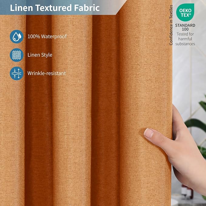 Waterproof Fabric Shower Curtain,No Liner Needed,72x72,Orange | 2-in-1 Design,Linen Textured,100% Waterproof TPU-Laminated Backing,Magnetic Weighted,Machine Washable,For Bathroom,Hotel