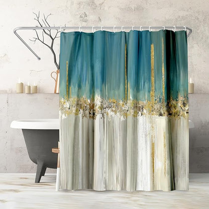 Americanflat 71x74 Modern Batik Shower Curtain - Water-Resistant Long Shower Curtain with Durable Metal Grommets and 12 Hooks - 100% Polyester - Teal Blue, Ivory, Gold and Greige