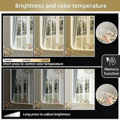 LED Mirror for Bathroom 40X28 Inch Gold Framed with Anti-Fog, Stepless Dimmable, Front Lit, LED Bathroom Vanity Mirror for Wall, Memory Function, Shatter-Proof