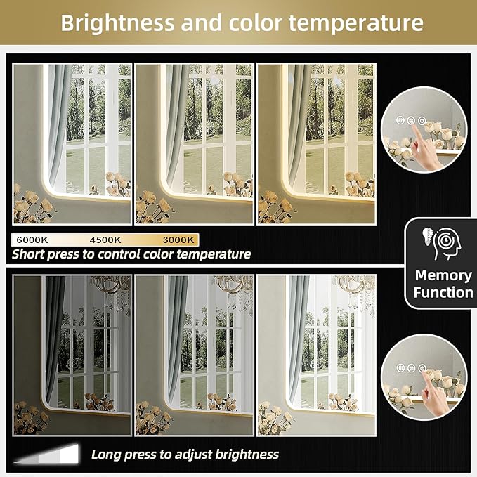 LED Mirror for Bathroom 55X32 Inch Gold Framed with Anti-Fog, Stepless Dimmable, Front Lit, LED Bathroom Vanity Mirror for Wall, Memory Function, Shatter-Proof