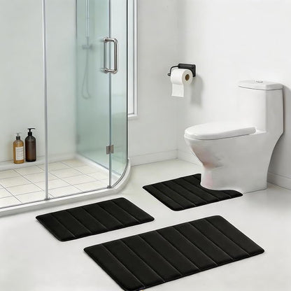 Bathroom Rugs Set Memory Foam Bath Rugs Non-Slip Bath Mat Set 3 Piece,Washable Bathroom Mats,Absorbent Shaggy Rugs Super Soft U-Shaped Toilet Rug,Bahroom Carpets for Bathroom,Tub,Shower（Black）