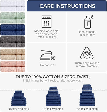 Comfort Spaces Luxury Bath Towel Set - 12 Piece, 4 Large, 4 Hand, 4 Washcloth - 100% Cotton, Quick Dry, Soft, Indigo Navy Blue