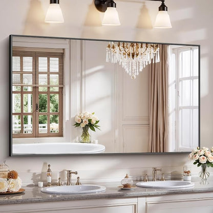 YIROMAN Bathroom Mirror 60"x36", Large Matte Black Bathroom Mirror for Over Sink with Aluminum Frame, Rectangular Vanity Mirror with Right Angle, Wall Mirror Hangs Horizontal or Vertical, Shatterproof