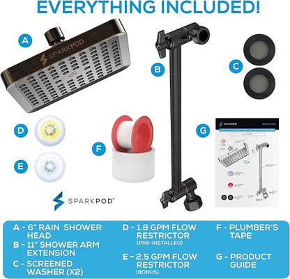 SparkPod 6" Square Rain Shower Head with 11" Shower Arm | Shower Head & Extension Arm Combo, Height Adjustable, High Pressure Performance, Easy 1-Minute Installation,Oil-Rubbed Bronze