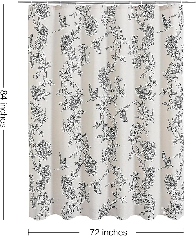 MitoVilla Extra Long Black Cotton Shower Curtain for Bathroom,72 x 84 | Extra Long BoHo Cottagecore Hummingbird Spring Shower Curtains, Modern Farmhouse Country Floral Bathroom Décor, 72 x 84
