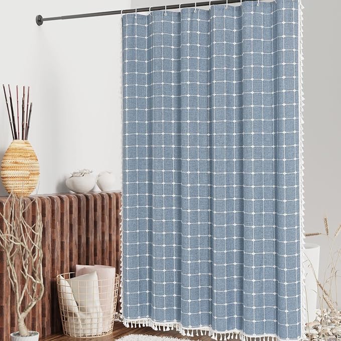 MitoVilla Boho Small Stall Shower Curtain 36 x 72, Blue Narrow Polyester Linen Fabric Shower Curtains for Farmhouse Bathroom Decor, Half Size Cloth Shower Curtain Set with Hooks