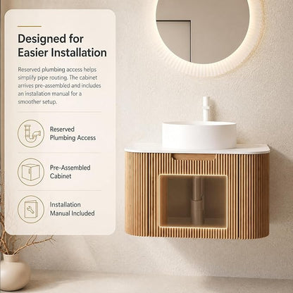 24 Inch Bathroom Vanity with Sink, Floating Wall Mounted Single Sink Vanity for Small Baths, Natural Woodgrain Curved Fluted Front, Stone Top, Pure White Round Vessel Basin, Pre-Assembled
