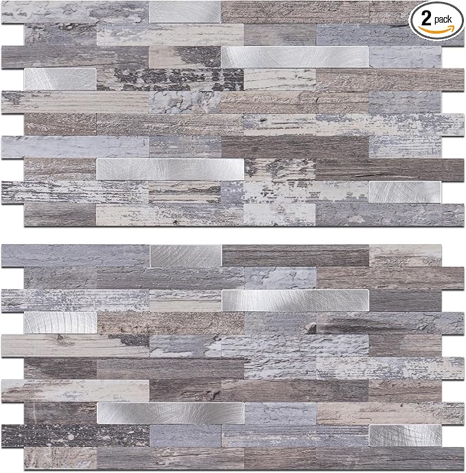 StyloVue 2 Sheets Peel and Stick Backsplash, Distressed Wood with Metal Silver Self Adhesive Wall Tiles Upgrade Your Kitchen Backsplash, RV, Fireplace