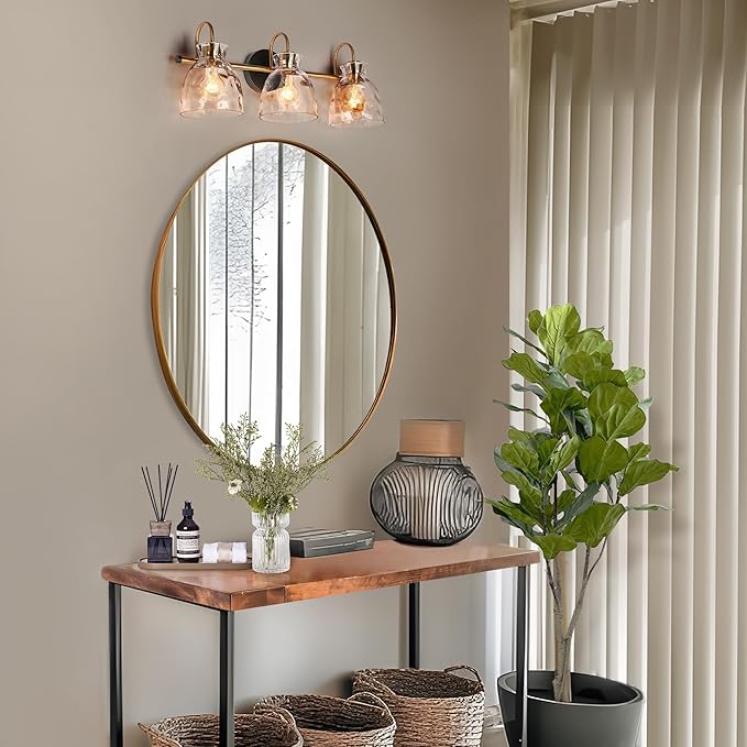 KSANA Black Gold Bathroom Light Fixtures, 3 Light Modern Vanity Lights with Textured Glass Mid-Century Bathroom Vanity Lighting for Bedroom, Kitchen, Powder Room, Black & Electroplated Brass Finish