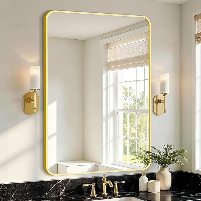 Vanity Bathroom Mirror, 36”x24” Gold Bathroom Mirror for Over Sink | HD Tempered Glass, Anti-Rust Frame, Vertical or Horizontal, Wall Mirrors for Bathroom Sink, Living Room, Entryway, Bedroom