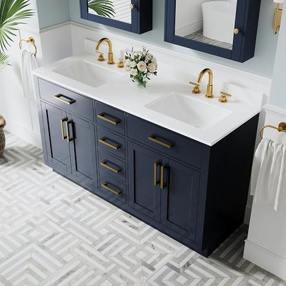 60-Inch Bathroom Vanity with Double Sinks W/ 4 Doors & 4 Drawers & 2 Flip Drawers, Navy Blue Vanity W/Brushed Gold Handles