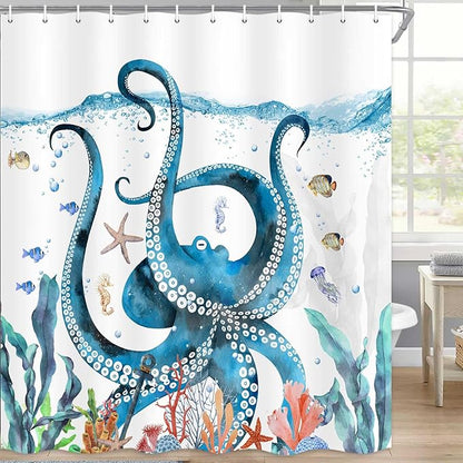 Nautical Octopus Shower Curtain Funny Ocean Beach Sea Monster Animal Waterproof Fabric Bath Curtain Decor Unique Novelty Bathroom Accessories with Hooks Set 72X72 Inch