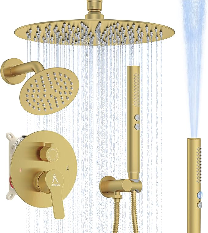 Shower System Shower Faucet Set Rainfall Shower Set with Valve 12+6" Dual Rain Shower Head with Handheld Ceiling Mount Wall Mount Shower Head Shower System, Brushed Gold