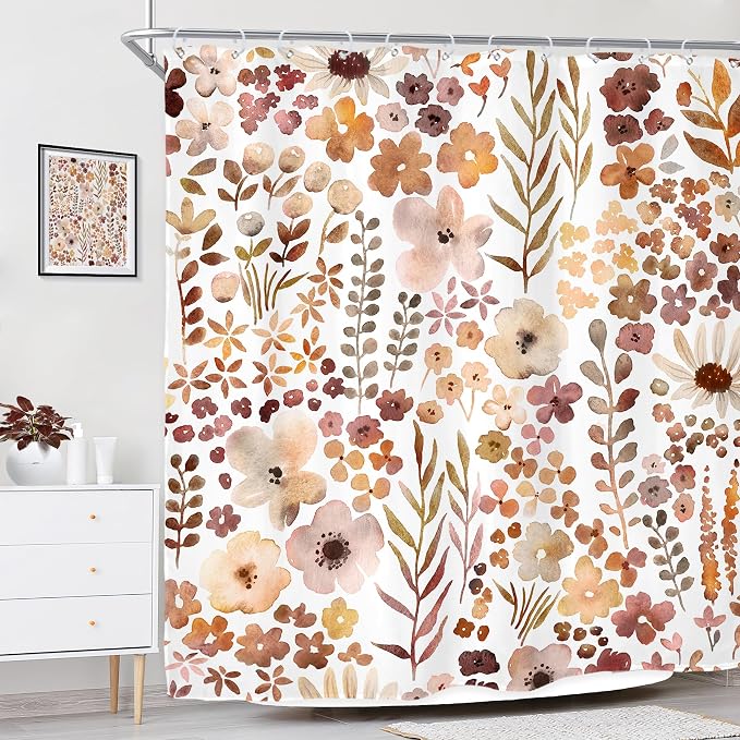 Fall Autumn Cute Floral Flower Nature Rustic Bathroom Shower Curtain Set | 72"W x 72"H Watercolor Botanical; waterproof HD print, quick-dry fabric with 12 hooks for easy hanging.