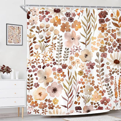 Fall Autumn Cute Floral Flower Nature Rustic Bathroom Shower Curtain Set | 72"W x 72"H Watercolor Botanical; waterproof HD print, quick-dry fabric with 12 hooks for easy hanging.