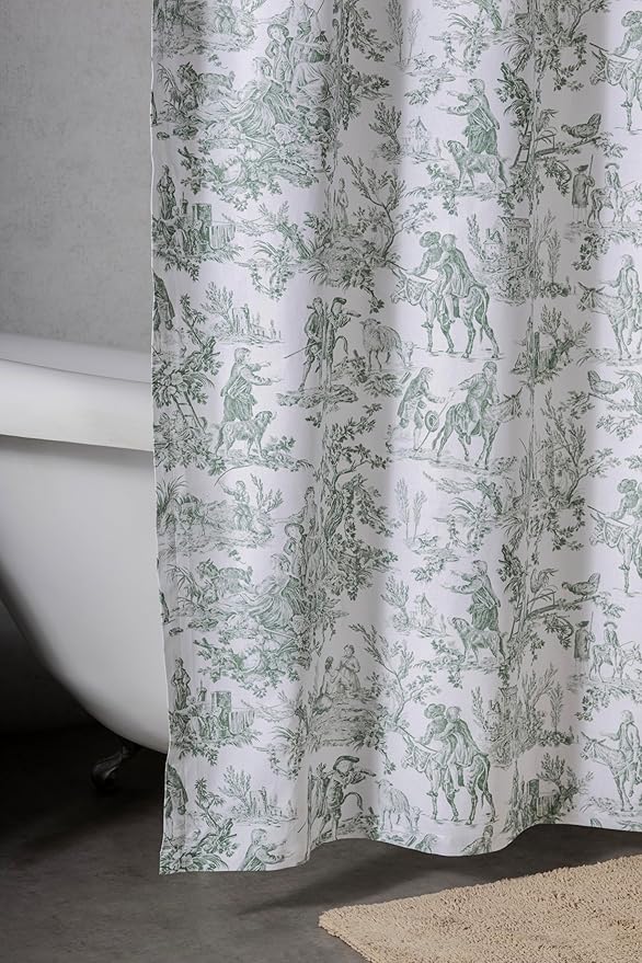 Maison d' Hermine Shower Curtain 100% Cotton One Panel 70"x72" Washable Fabric Shower Curtains for Bathroom, Easy Hanging with 12 Button Holes - Spa Easter Gifts (The Miller - Antique Green)