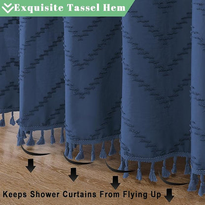 Small Boho Stall Shower Curtain, Dusty Blue Fabric Cloth Stall Shower Curtain 36 x 72 Half Size with Tassel Tufted Chevron Striped Textured Modern Farmhouse for Bathroom, Machine Washable