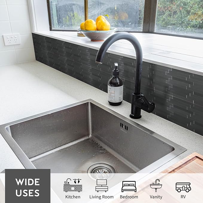12 Sheets Black Peel and Stick Backsplash, Brushed Metal Subway Linear Tile for Kitchen Fireplace