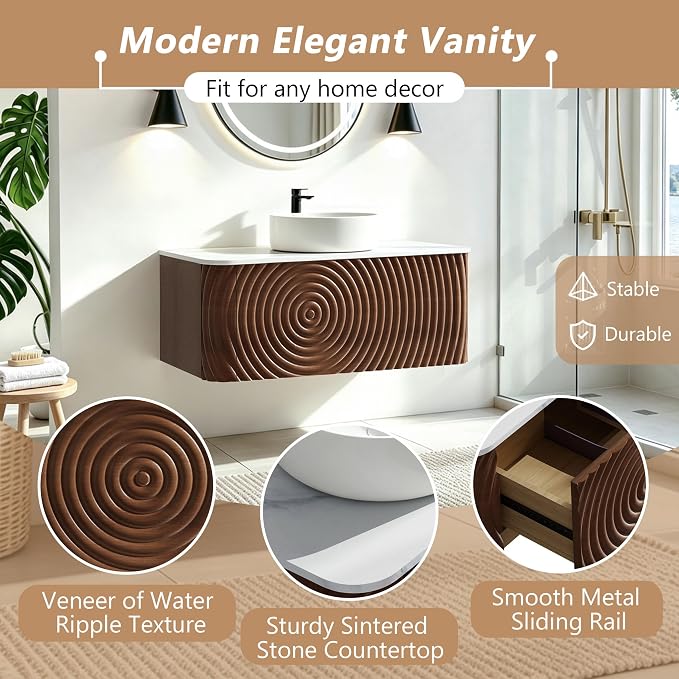 60" Floating Bathroom Vanity with Sink, Mid-Century Wall Mounted Bathroom Vanity Cabinet with Wood Waved Decor,Ceramic Vessel Basin and Sintered Stone Top, Soft Close Drawer, 2 Side Open Cube