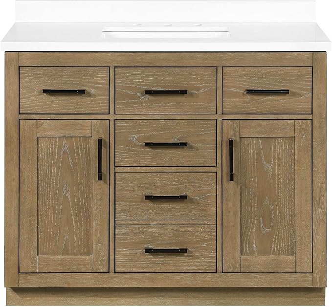 OVE Decors Bailey 42 in. Single Sink Freestanding Driftwood Oak Bathroom Vanity with White Quartz Top, Matching Backsplash and Power Bar