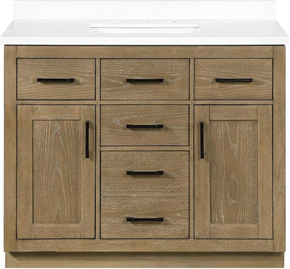 OVE Decors Bailey 42 in. Single Sink Freestanding Driftwood Oak Bathroom Vanity with White Quartz Top, Matching Backsplash and Power Bar
